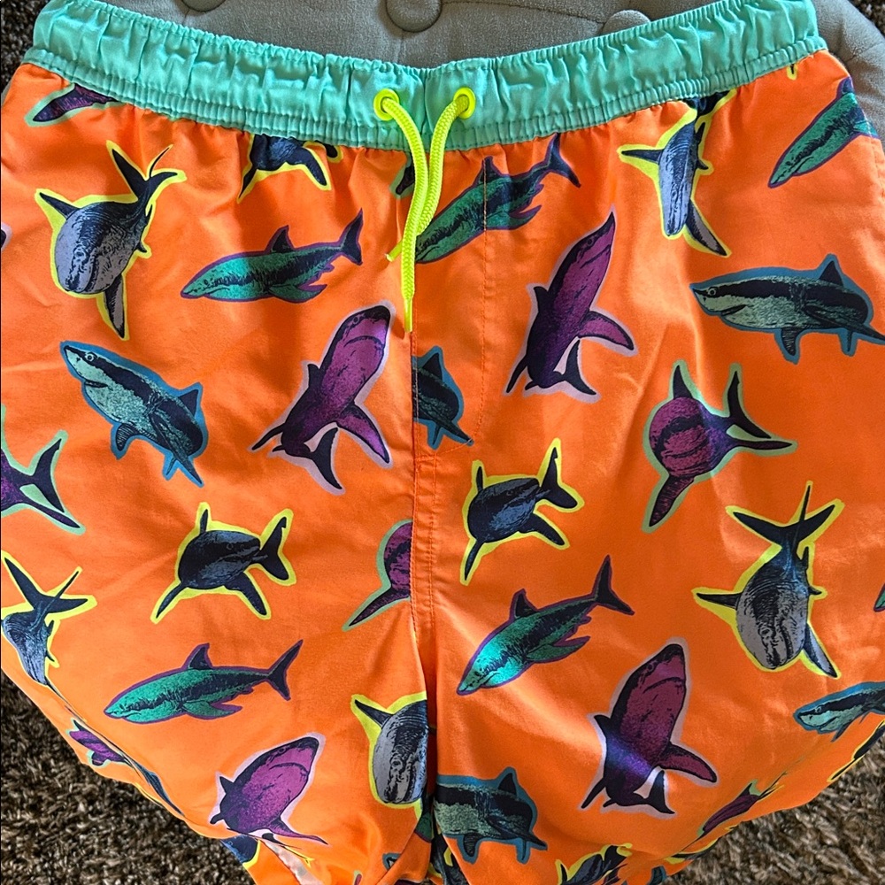 Land's End Vibrant Orange Shark Print Boys Swim Trunks